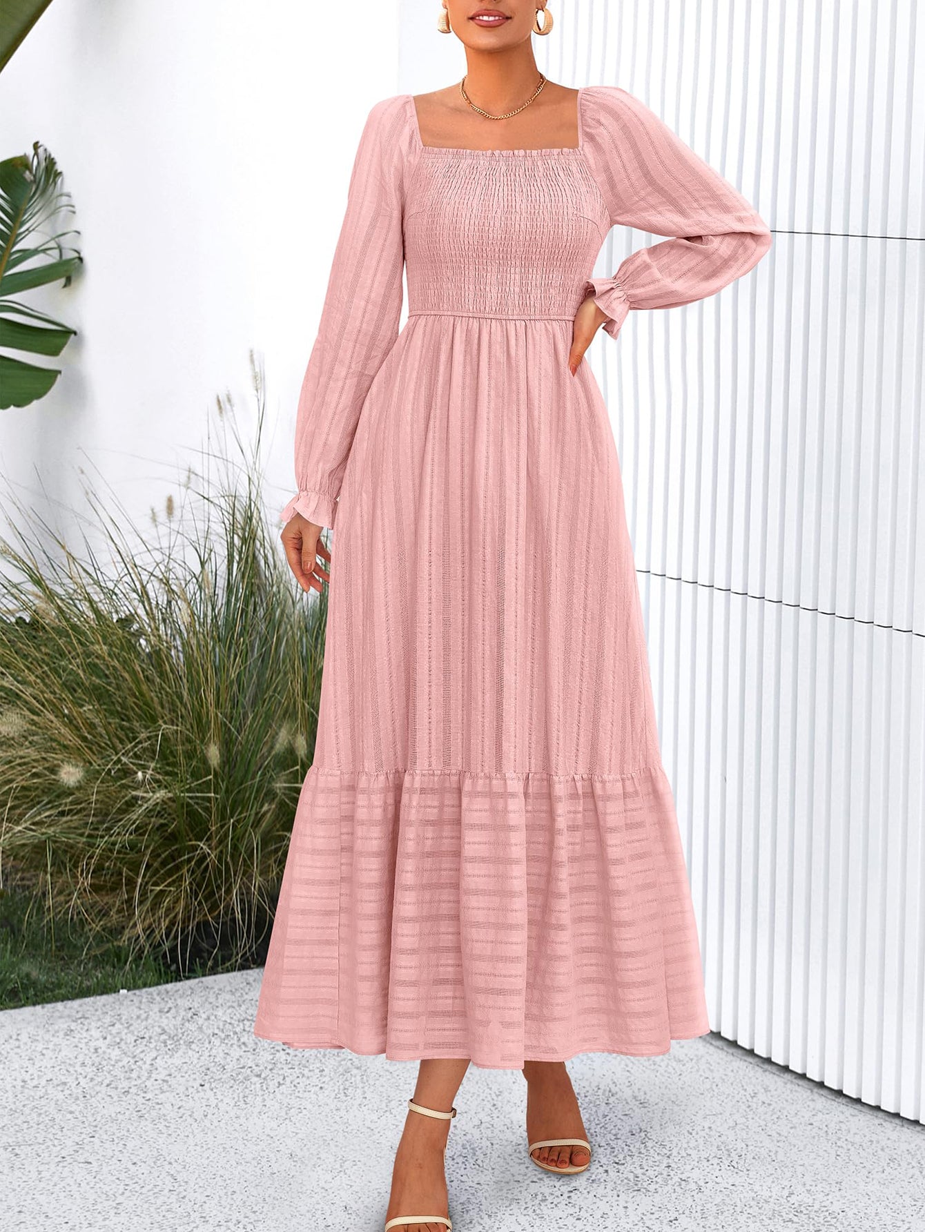 BTFBM Women Maxi Fall Dresses Long Sleeve Solid Color Square Neck Smocked Boho Long Wedding Guest Dress