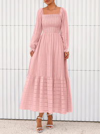 BTFBM Women Maxi Fall Dresses Long Sleeve Solid Color Square Neck Smocked Boho Long Wedding Guest Dress