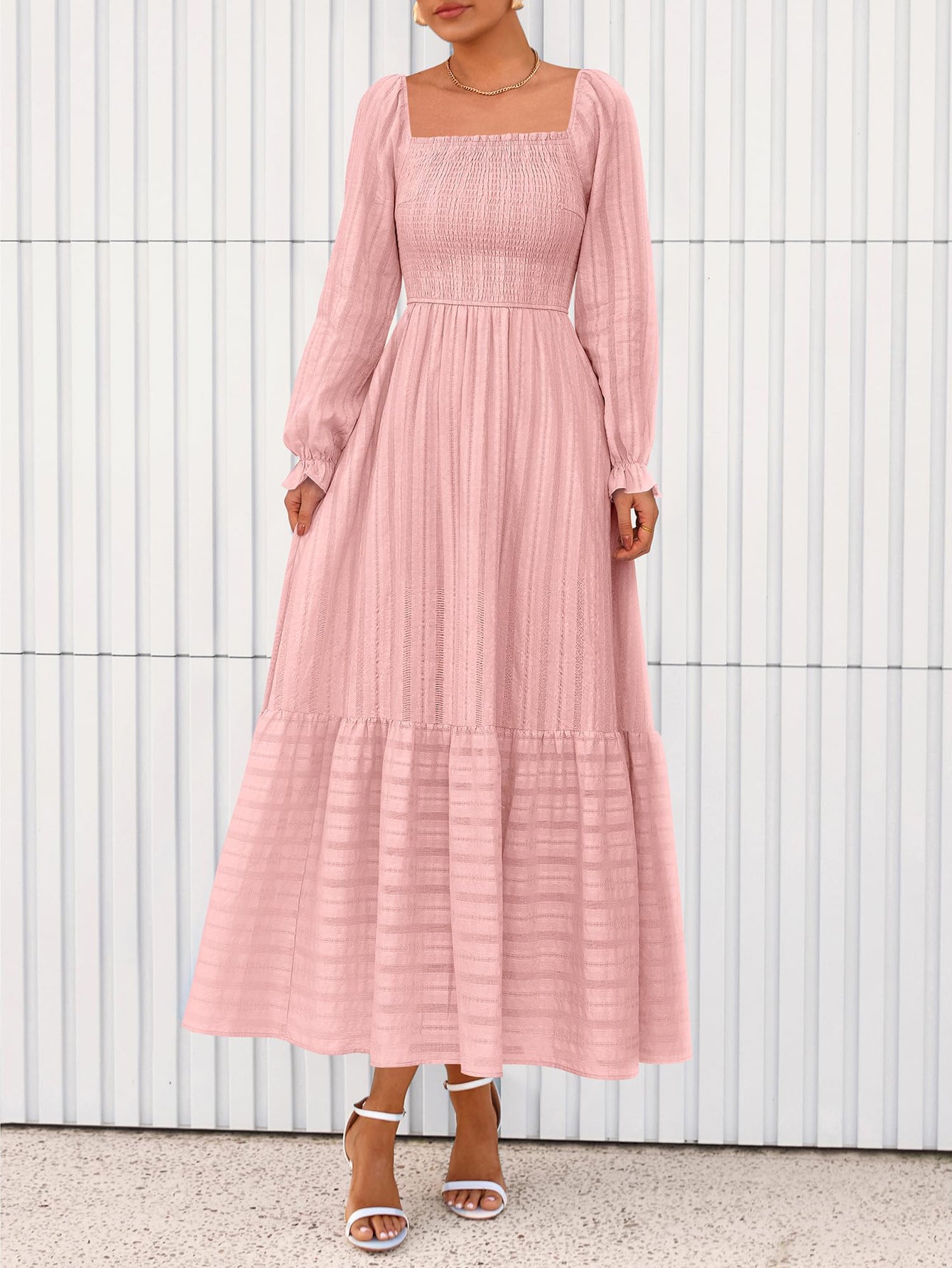 BTFBM Women Maxi Fall Dresses Long Sleeve Solid Color Square Neck Smocked Boho Long Wedding Guest Dress