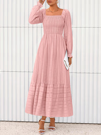 BTFBM Women Maxi Fall Dresses Long Sleeve Solid Color Square Neck Smocked Boho Long Wedding Guest Dress