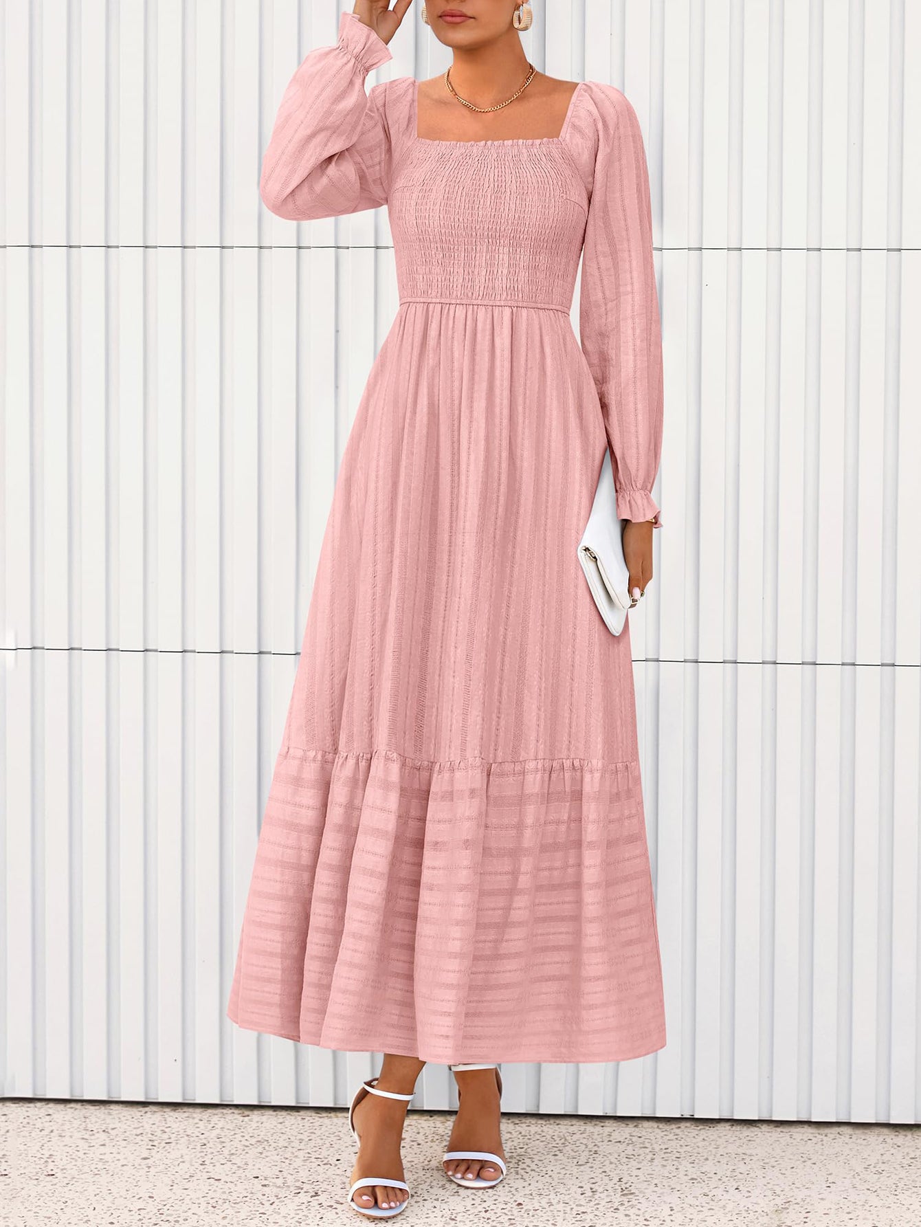 BTFBM Women Maxi Fall Dresses Long Sleeve Solid Color Square Neck Smocked Boho Long Wedding Guest Dress