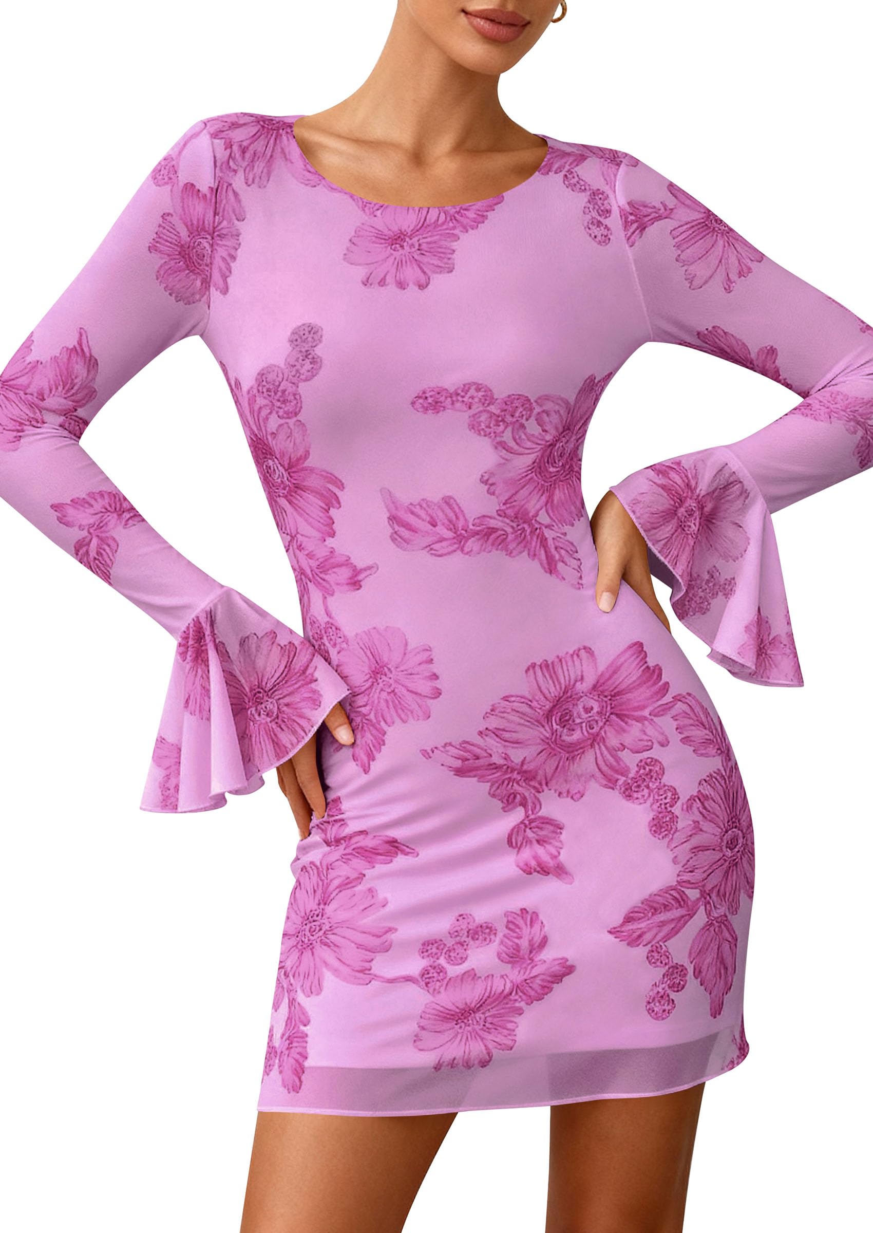 PRETTYGARDEN Women's Floral Embroidered Dress Fall Long Bell Sleeve Ribbon Flower Mini Short Mesh Bodycon Party Dresses