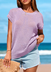 PRETTYGARDEN Womens Spring Tops Summer Shirts Crochet Cap Sleeve Sweater Pullover Cute Beach Vacation Clothes