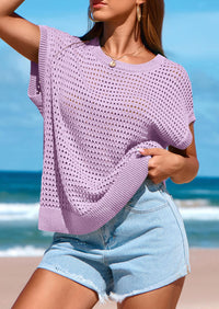 PRETTYGARDEN Womens Spring Tops Summer Shirts Crochet Cap Sleeve Sweater Pullover Cute Beach Vacation Clothes