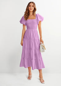 PRETTYGARDEN Women's Summer Casual Midi Dress Puffy Short Sleeve Square Neck Smocked Tiered Ruffle Dresses