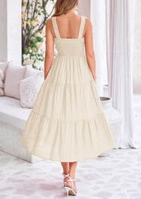 Womens Smocked Summer  Ruffle A Line Long Flowy Dresses Cute Sleeveless Beach Sundress Midi Dress