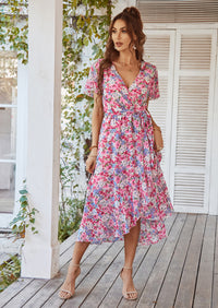 PRETTYGARDEN Women Summer Floral Boho V Neck Ruffle Wedding Guest Maxi Dresses