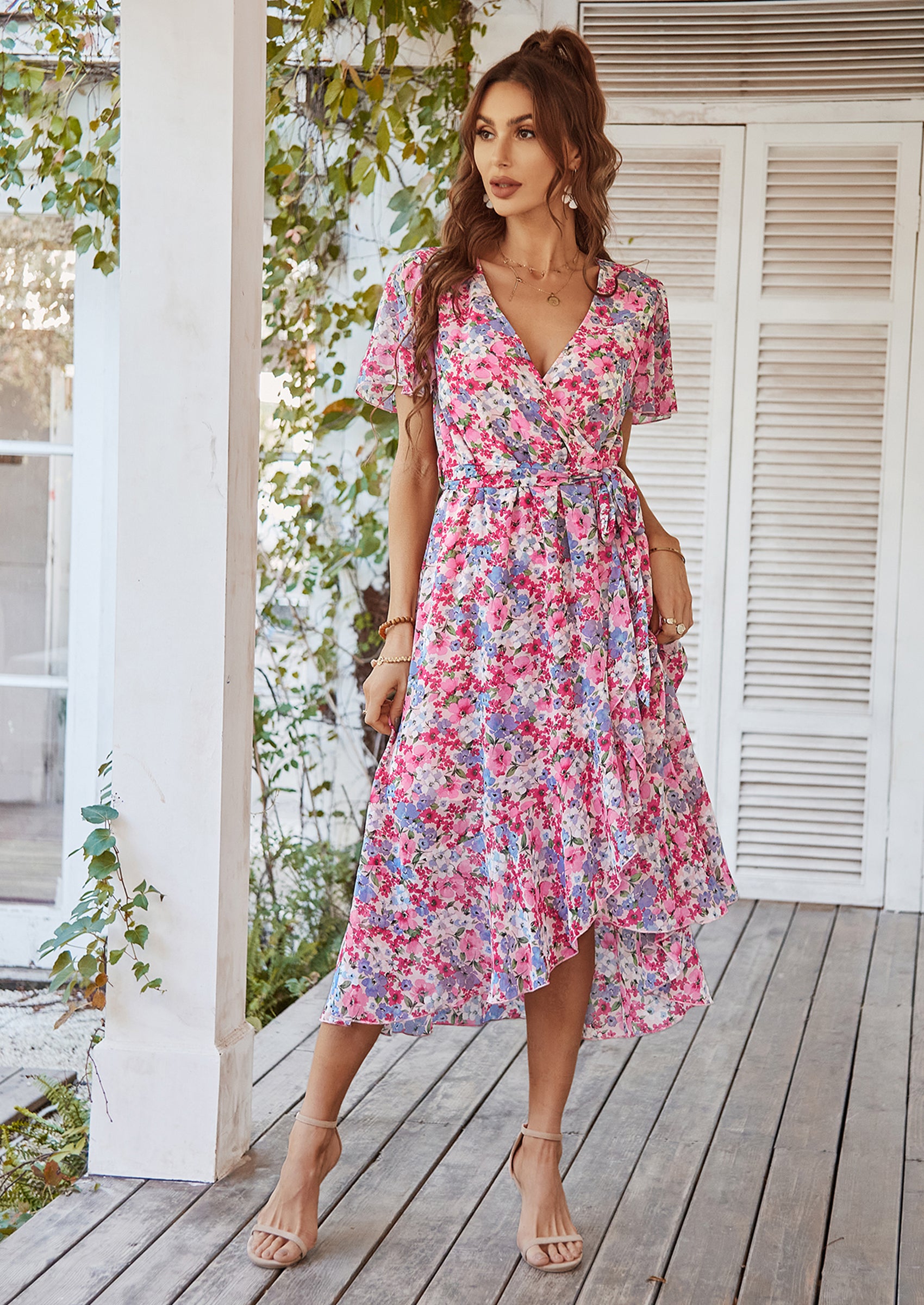 PRETTYGARDEN Women Summer Floral Boho V Neck Ruffle Wedding Guest Maxi Dresses