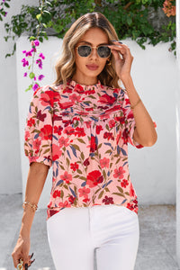 PRETTYGARDEN Floral Tops for Women Blouses Dressy Casual Summer Trendy Outfits Boho Pleated Short Sleeve Shirts