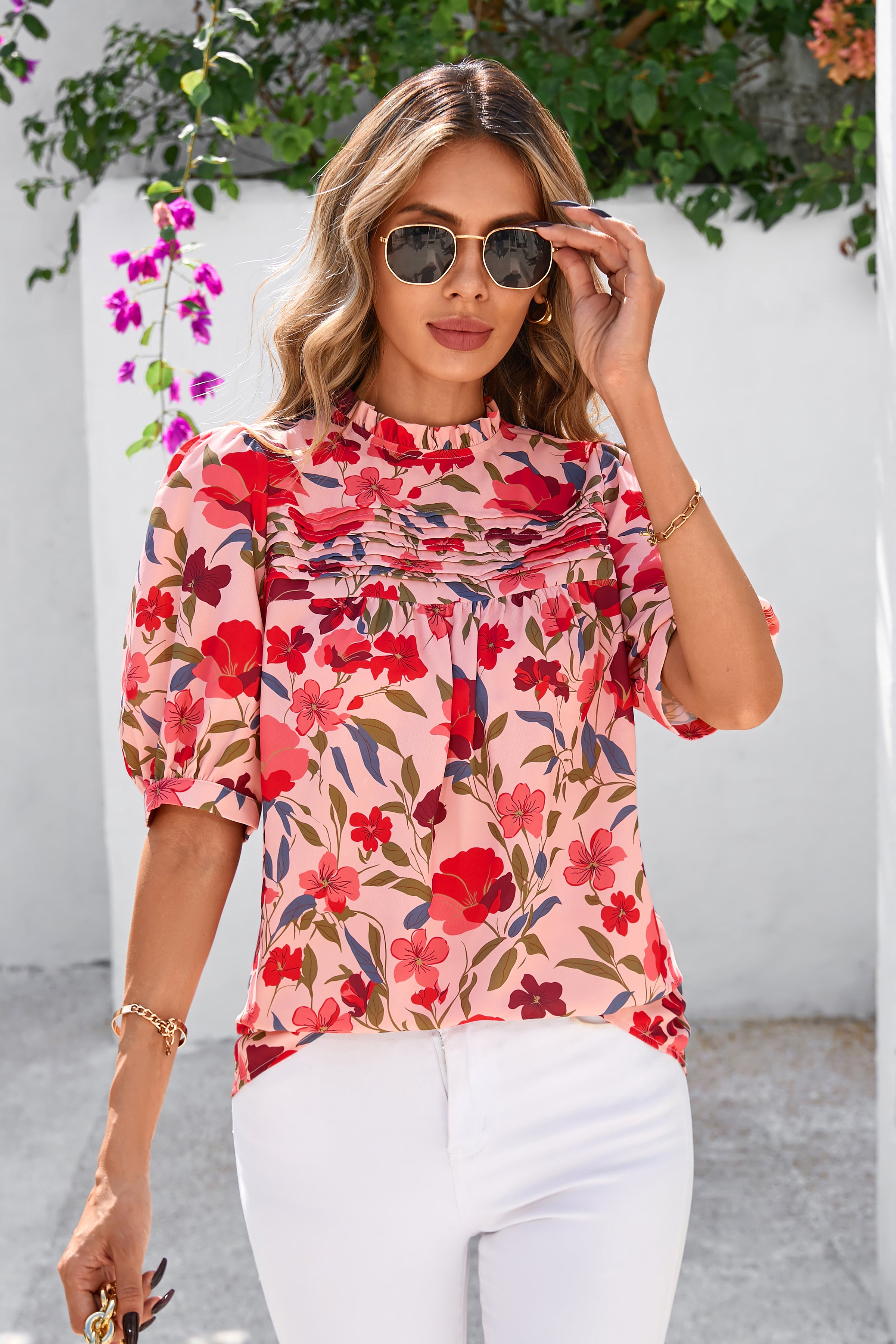 PRETTYGARDEN Floral Tops for Women Blouses Dressy Casual Summer Trendy Outfits Boho Pleated Short Sleeve Shirts