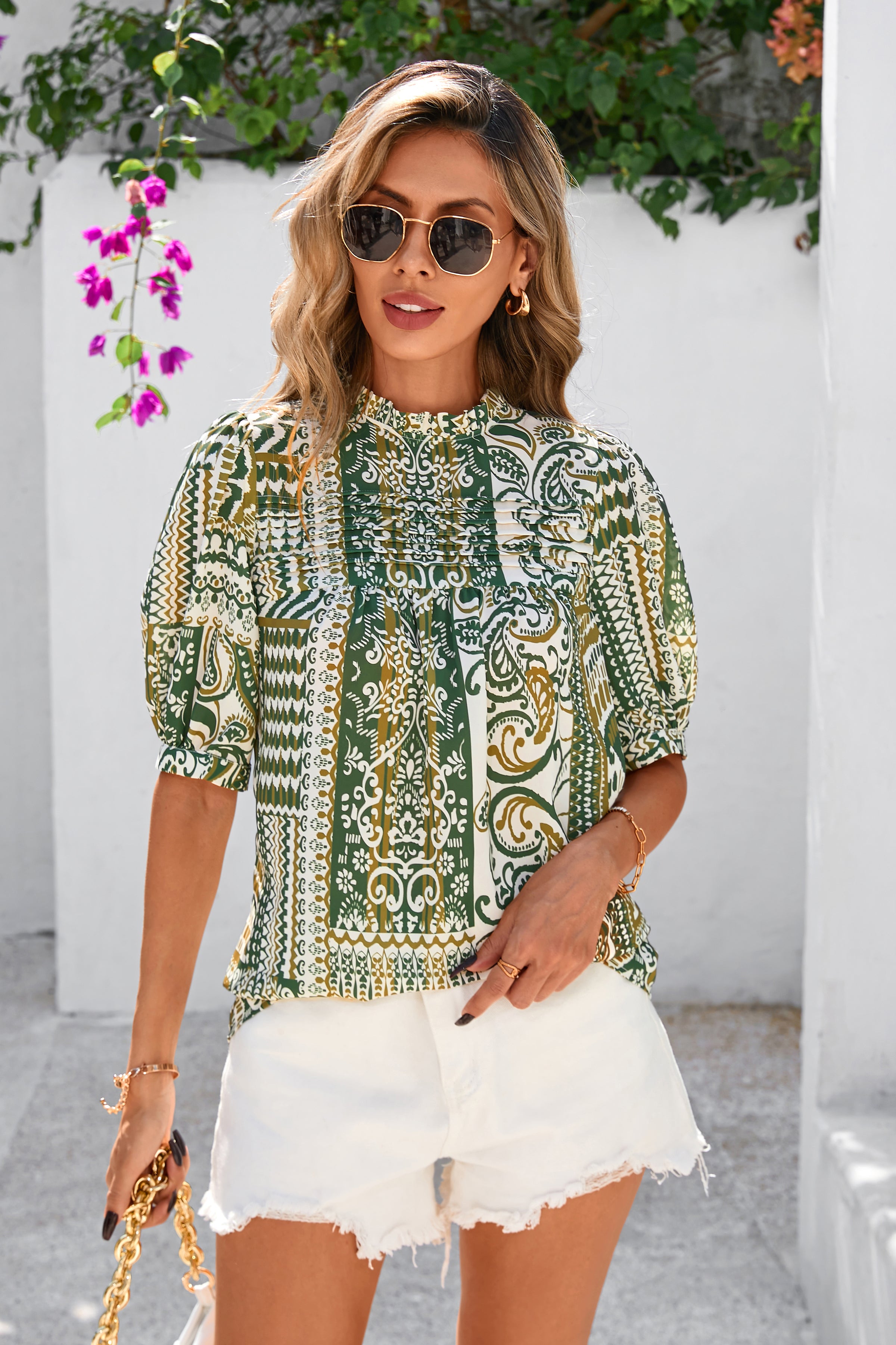 PRETTYGARDEN Floral Tops for Women Blouses Dressy Casual Summer Trendy Outfits Boho Pleated Short Sleeve Shirts