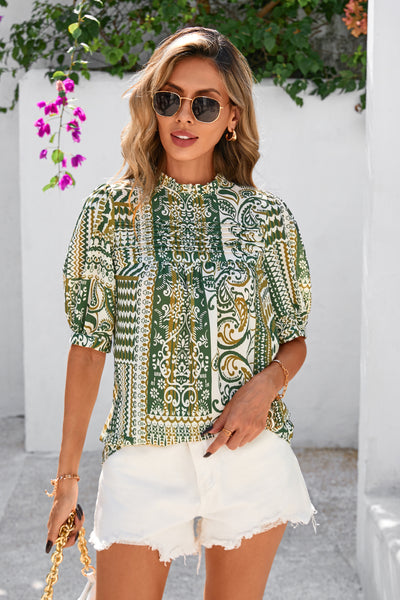 PRETTYGARDEN Floral Tops for Women Blouses Dressy Casual Summer Trendy Outfits Boho Pleated Short Sleeve Shirts