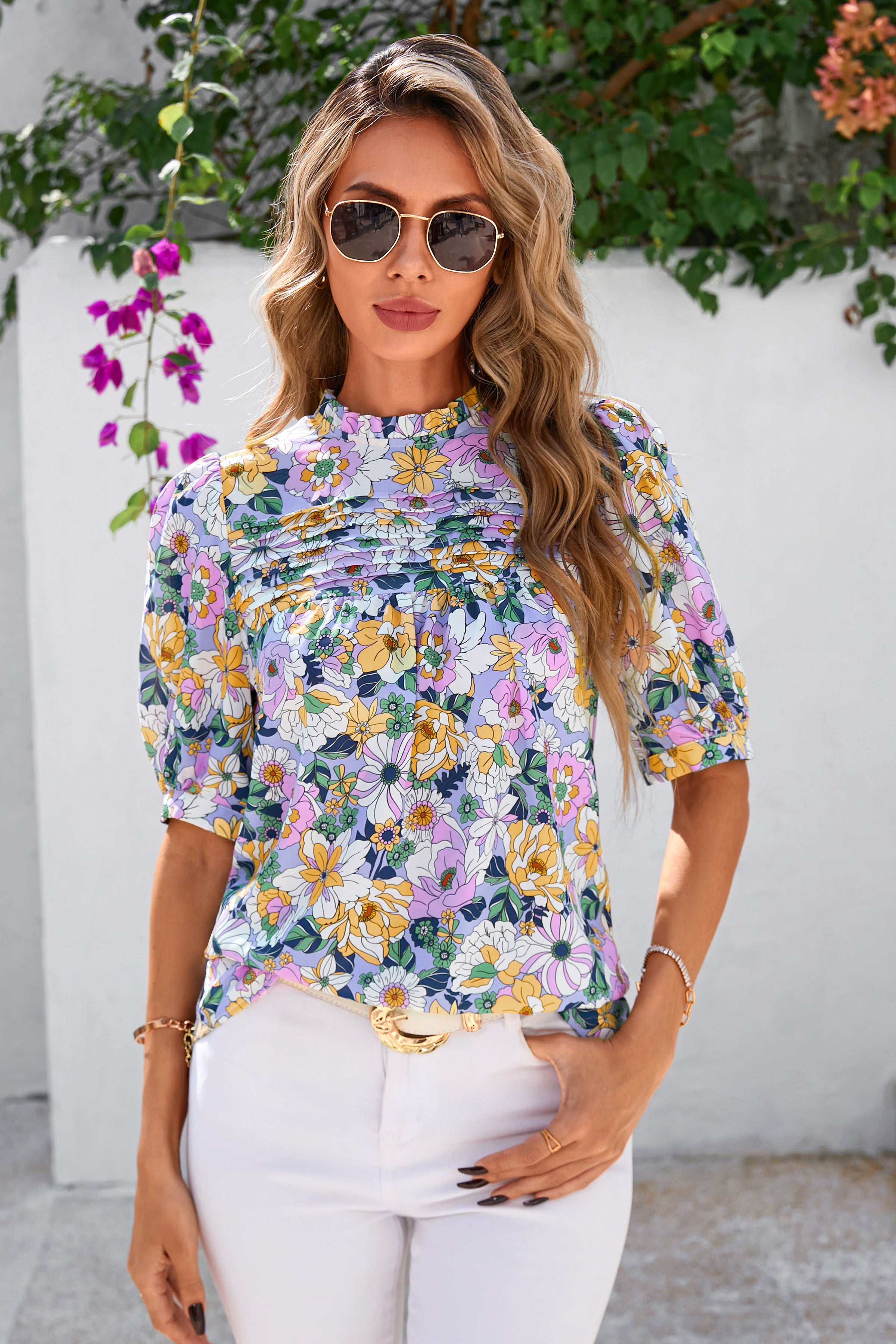 PRETTYGARDEN Floral Tops for Women Blouses Dressy Casual Summer Trendy Outfits Boho Pleated Short Sleeve Shirts