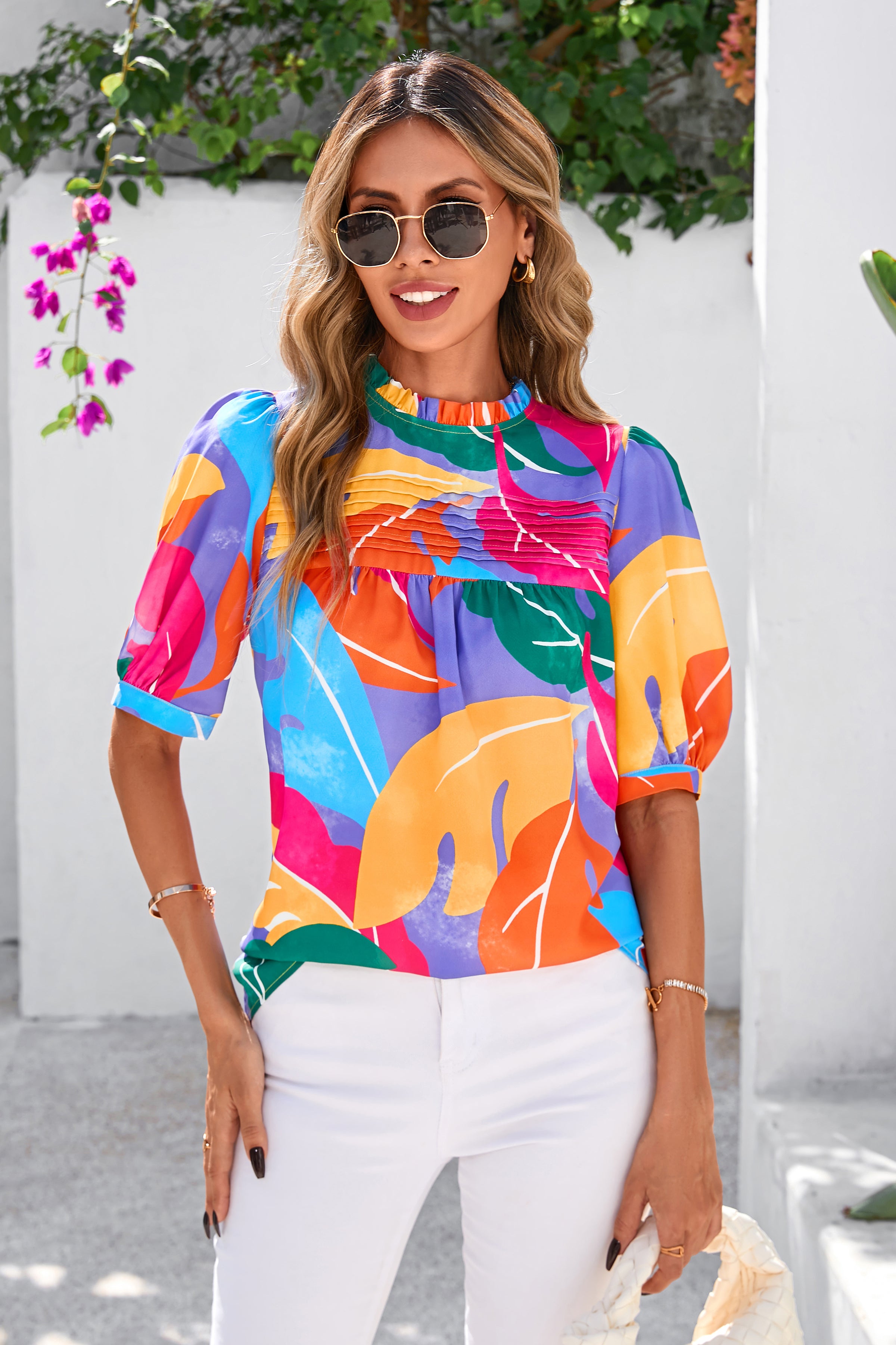 PRETTYGARDEN Floral Tops for Women Blouses Dressy Casual Summer Trendy Outfits Boho Pleated Short Sleeve Shirts