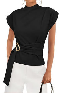 PRETTYGARDEN Women Blouses Spring Dressy Cap Sleeve Mock Neck Work Shirts Buckle Tunic Summer Business Casual Tops PRETTYGARDEN