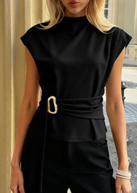 PRETTYGARDEN Women Blouses Spring Dressy Cap Sleeve Mock Neck Work Shirts Buckle Tunic Summer Business Casual Tops PRETTYGARDEN