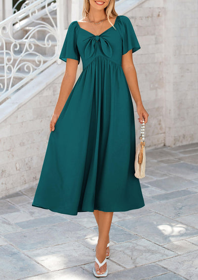 PRETTYGARDEN Summer Dress for Women Casual Short Sleeve Bow Tie V Neck Ruffle Midi Flowy Dresses