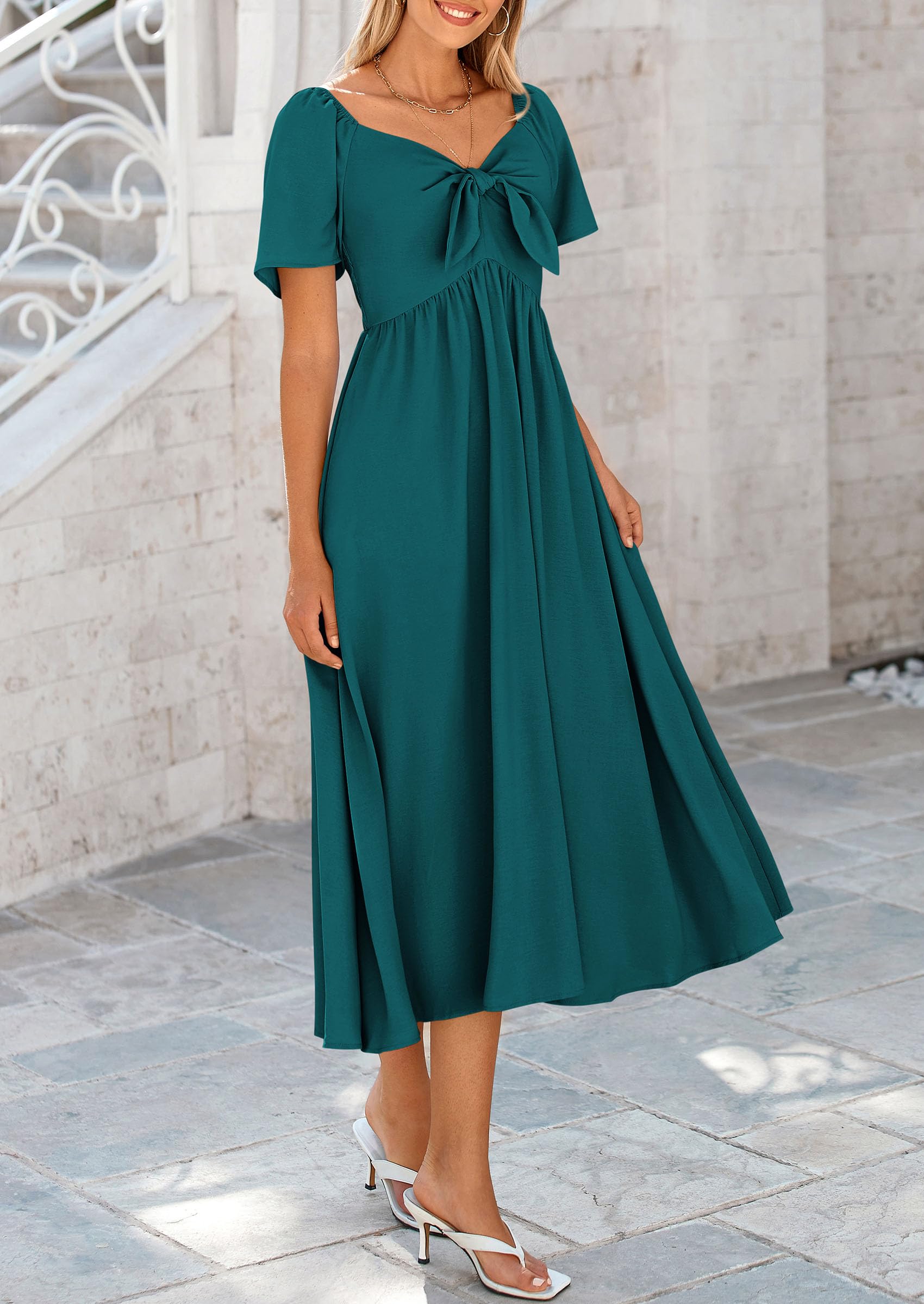 PRETTYGARDEN Summer Dress for Women Casual Short Sleeve Bow Tie V Neck Ruffle Midi Flowy Dresses