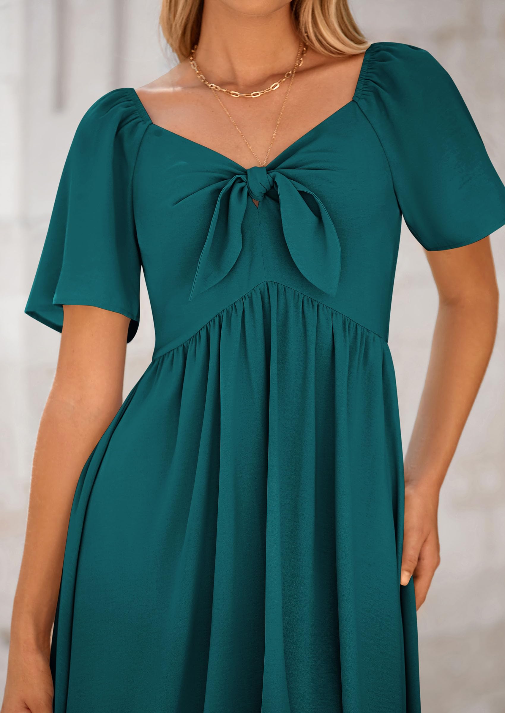 PRETTYGARDEN Summer Dress for Women Casual Short Sleeve Bow Tie V Neck Ruffle Midi Flowy Dresses