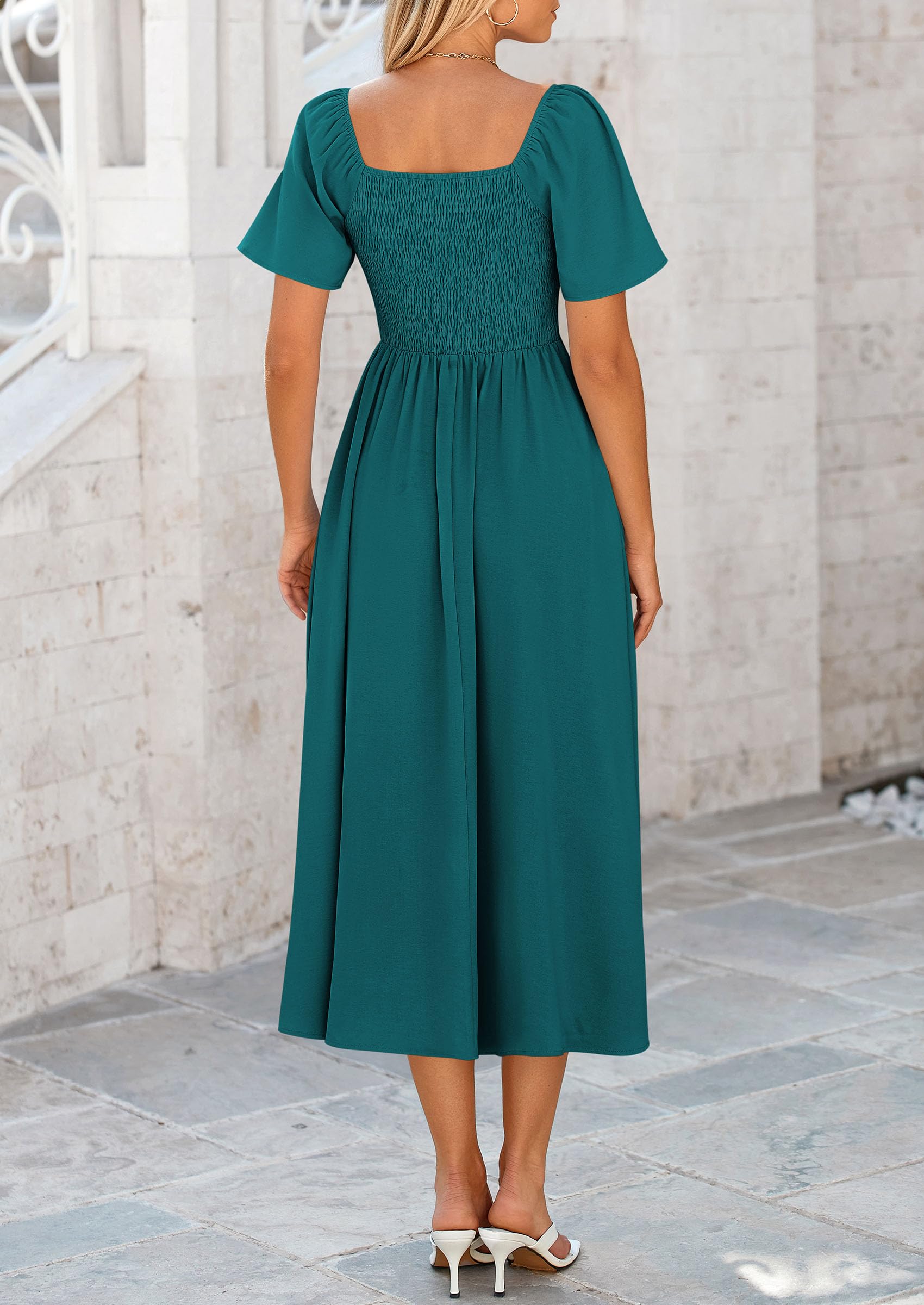 PRETTYGARDEN Summer Dress for Women Casual Short Sleeve Bow Tie V Neck Ruffle Midi Flowy Dresses