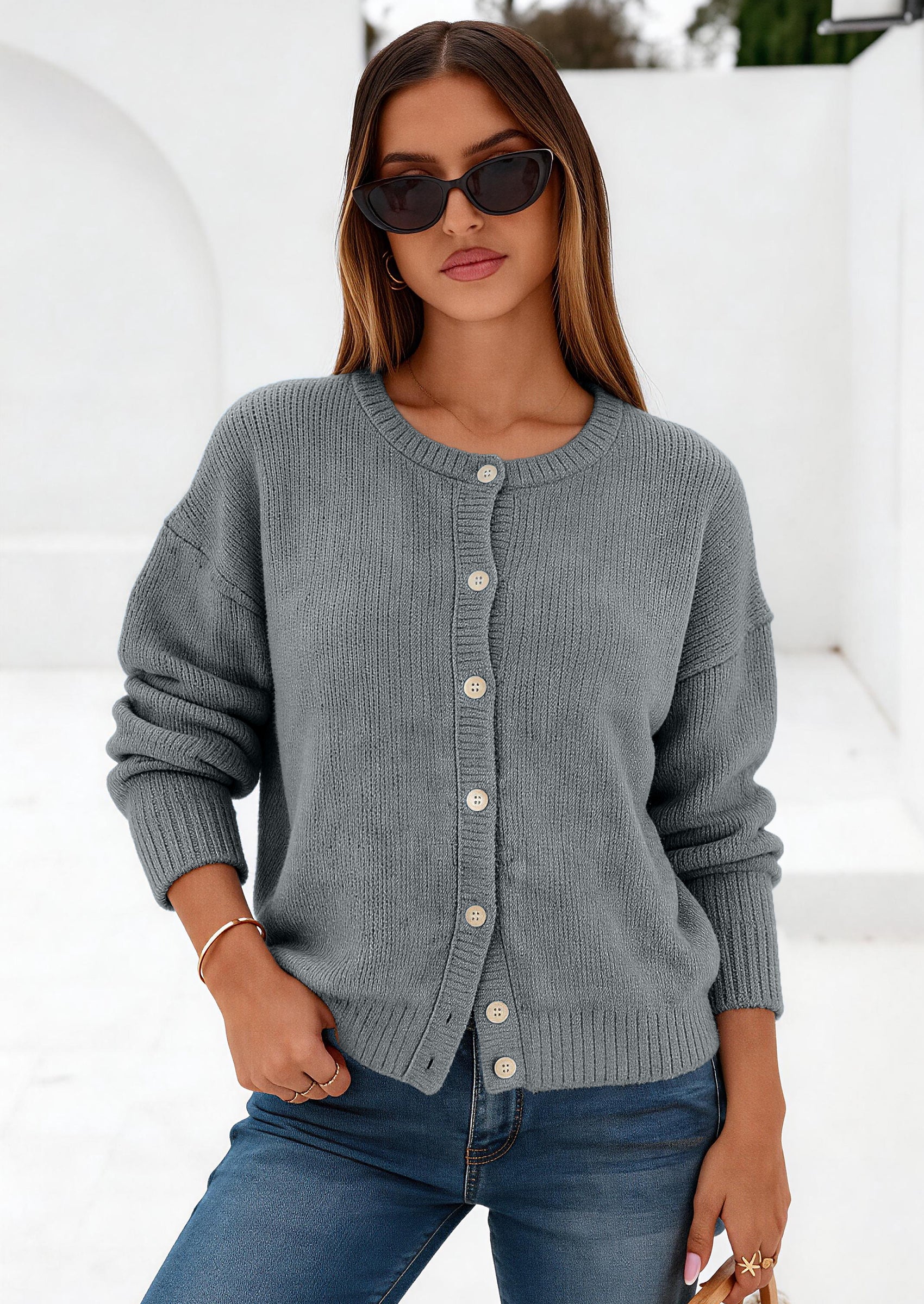 PRETTYGARDEN Long Sleeve Crewneck Button Down Womens Sweaters Fall Open Front Chunky Cardigan Sweaters for Women