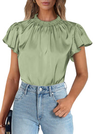 Summer Satin Blouse Shirt Dressy Casual Ruffle Short Sleeve Crewneck Work Party Tops