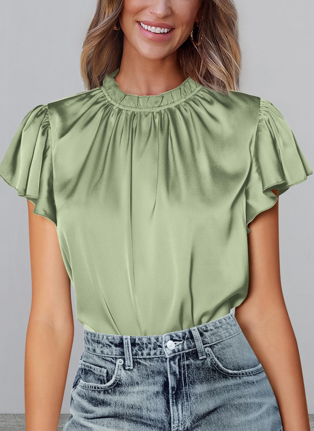 Summer Satin Blouse Shirt Dressy Casual Ruffle Short Sleeve Crewneck Work Party Tops