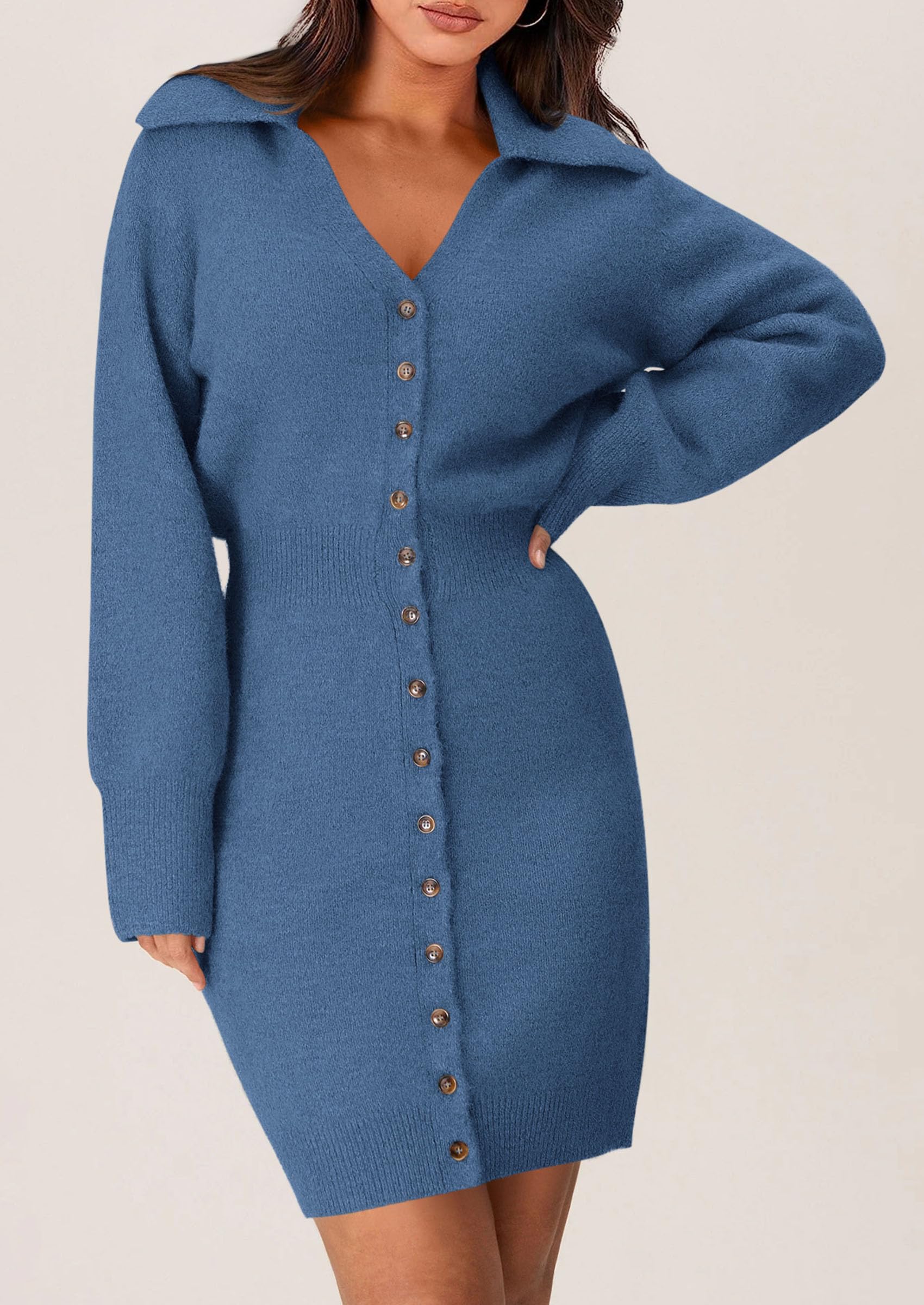 PRETTYGARDEN Sweater Dresses for Women Trendy Long Sleeve Button Down Short Spring Dress