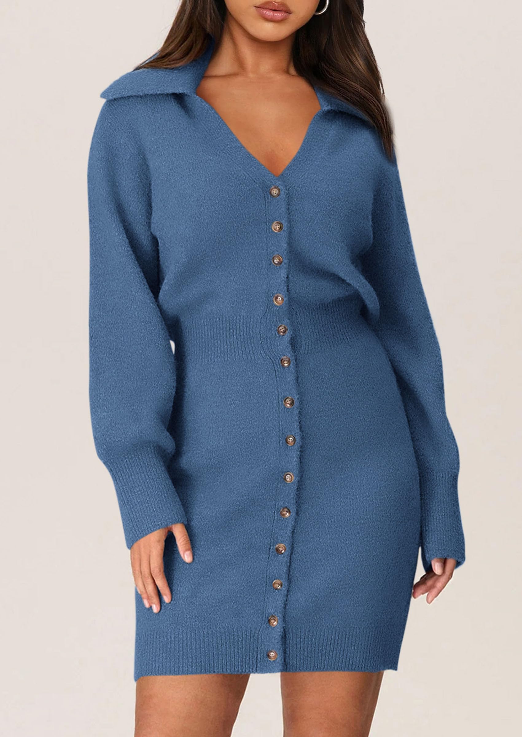 PRETTYGARDEN Sweater Dresses for Women Trendy Long Sleeve Button Down Short Spring Dress