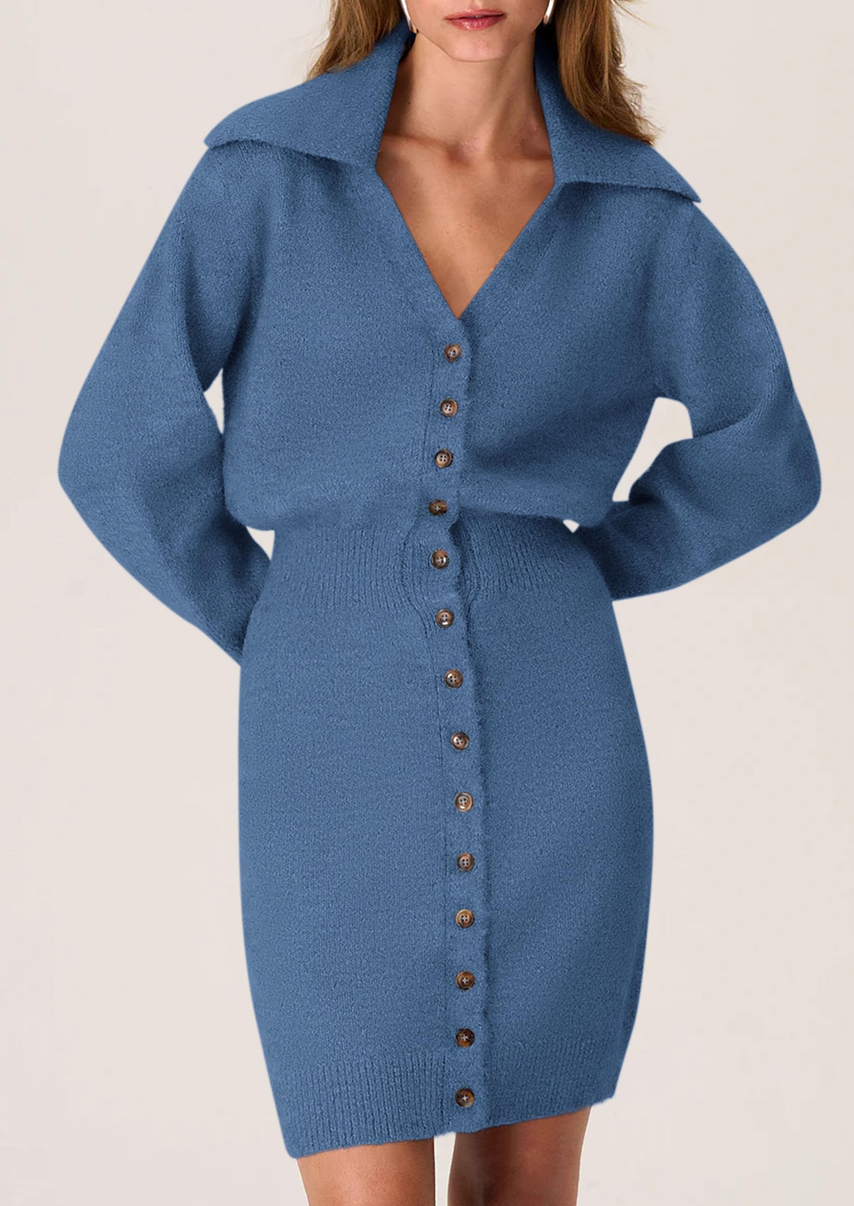 PRETTYGARDEN Sweater Dresses for Women Trendy Long Sleeve Button Down Short Spring Dress