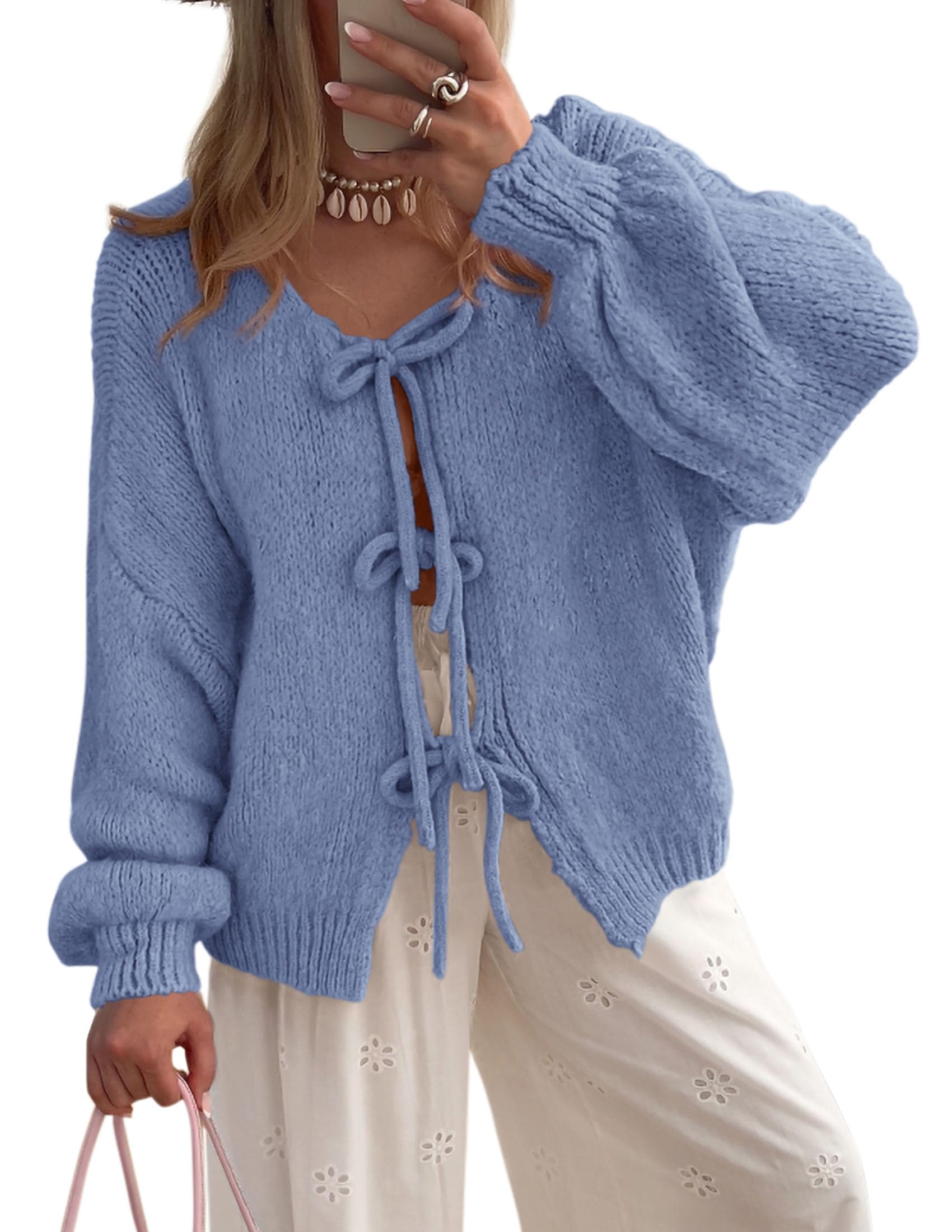 PRETTYGARDEN Women's Tie Front Bow Cardigan Sweaters Chunky Knit Long Puff Sleeve Trendy Fall Winter Jacket Coats