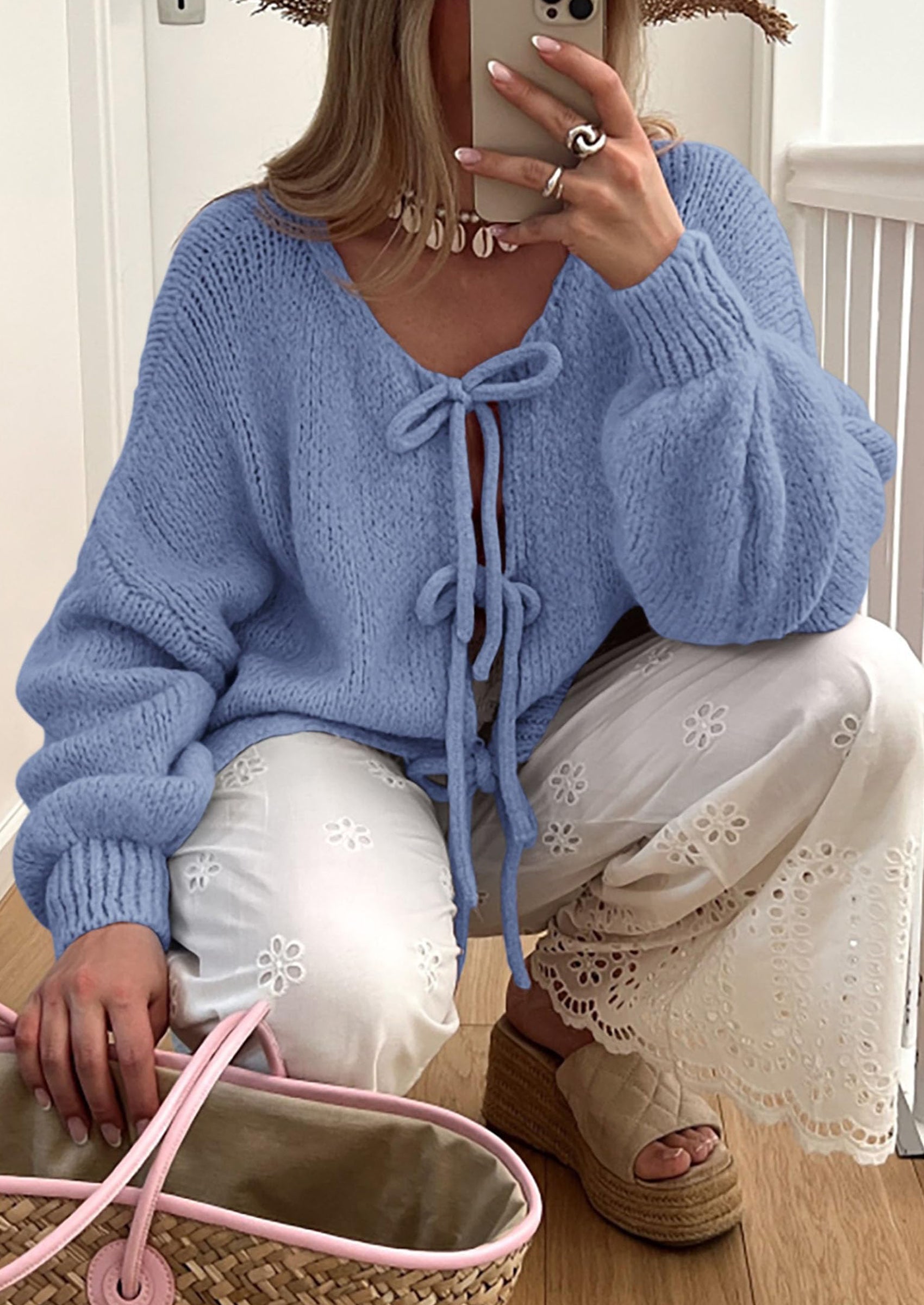 PRETTYGARDEN Women's Tie Front Bow Cardigan Sweaters Chunky Knit Long Puff Sleeve Trendy Fall Winter Jacket Coats