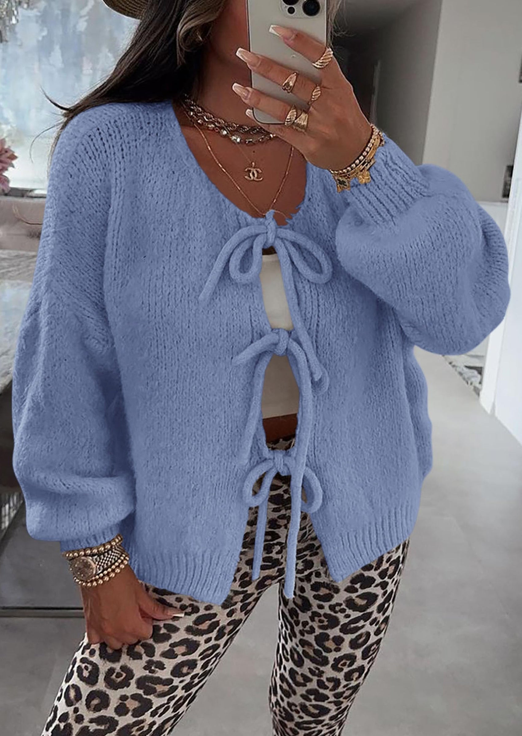 PRETTYGARDEN Women's Tie Front Bow Cardigan Sweaters Chunky Knit Long Puff Sleeve Trendy Fall Winter Jacket Coats