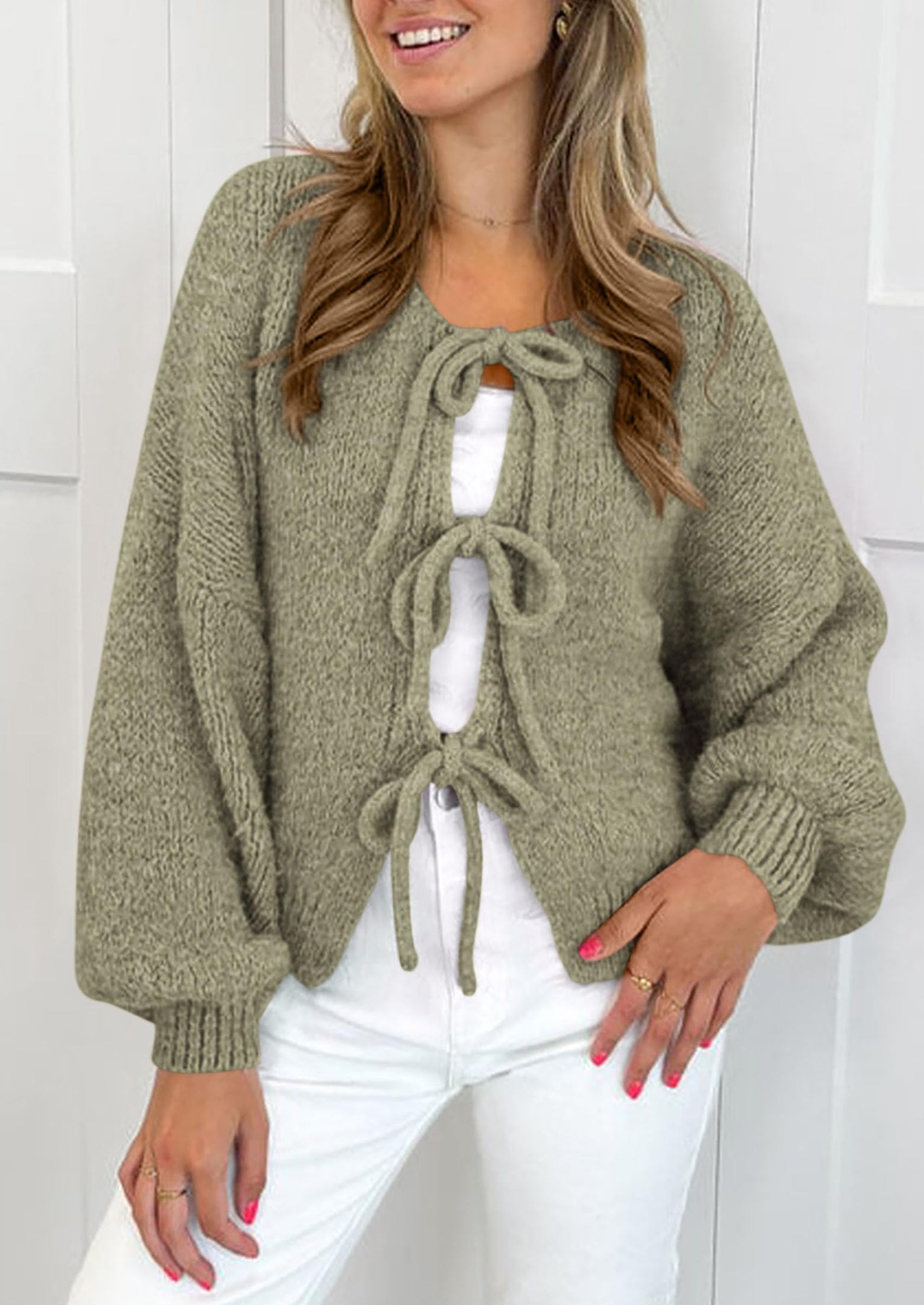 PRETTYGARDEN Women's Tie Front Bow Cardigan Sweaters Chunky Knit Long Puff Sleeve Trendy Fall Winter Jacket Coats