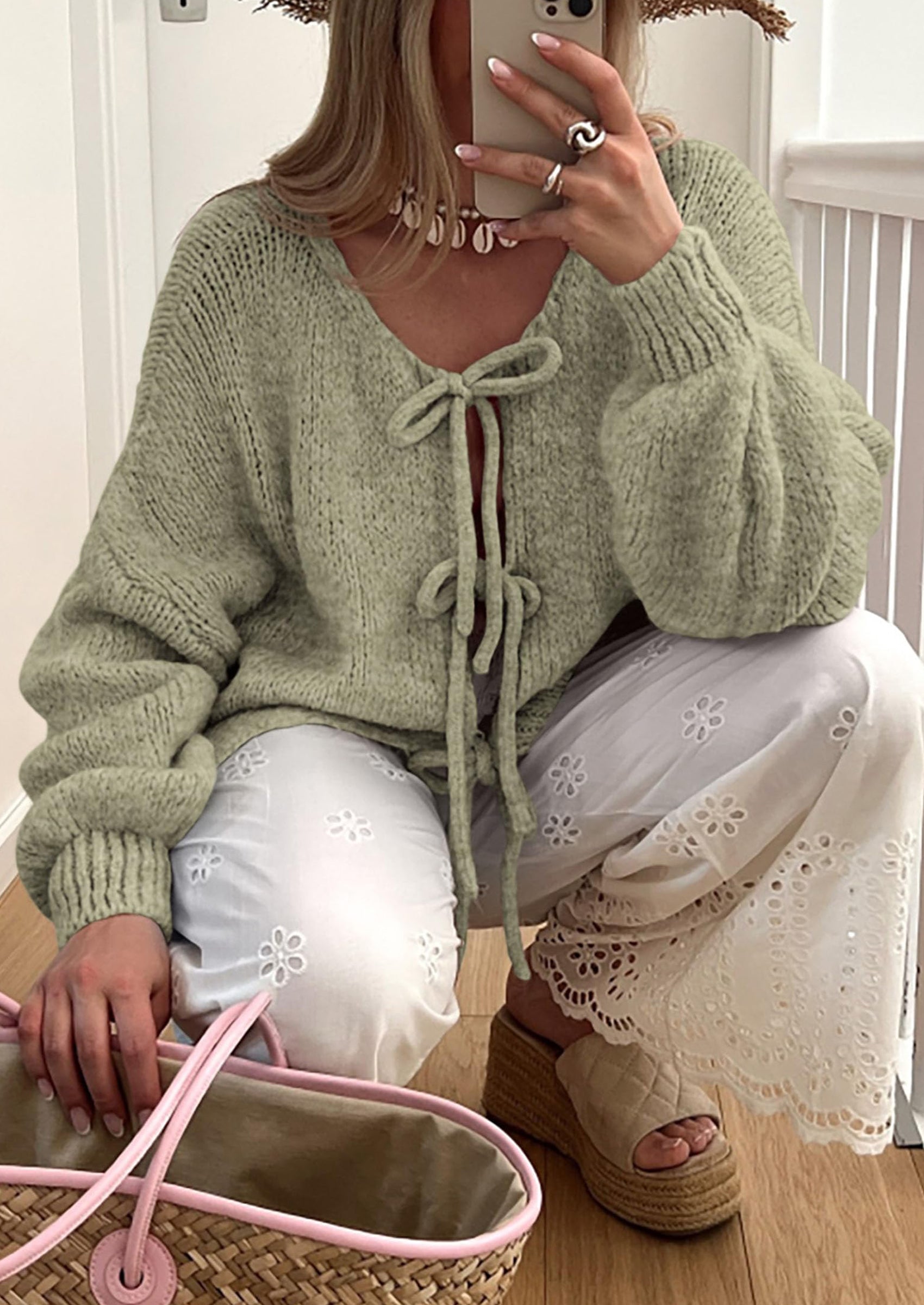 PRETTYGARDEN Women's Tie Front Bow Cardigan Sweaters Chunky Knit Long Puff Sleeve Trendy Fall Winter Jacket Coats