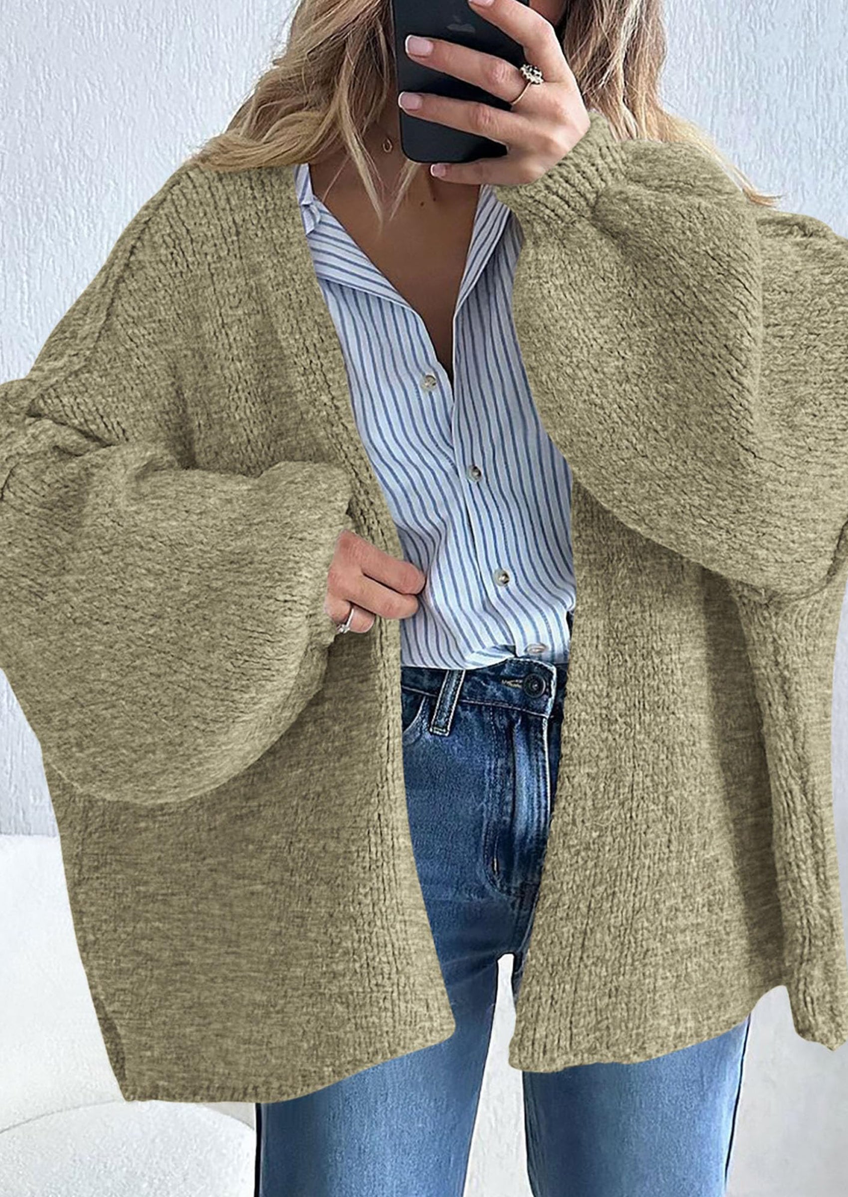 PRETTYGARDEN Womens Oversized Cardigan Sweaters Fall Long Lantern Sleeve Knit Open Front Lightweight Sweater