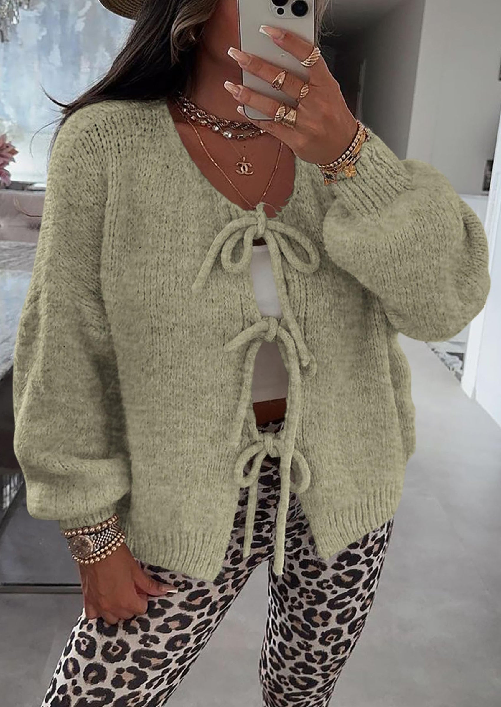 PRETTYGARDEN Women's Tie Front Bow Cardigan Sweaters Chunky Knit Long Puff Sleeve Trendy Fall Winter Jacket Coats