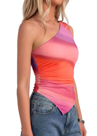 PRETTYGARDEN Women's Floral Mesh Tops Summer Asymmetrical One Shoulder Sleeveless Ruched Shirts Spring Going Out Clothes PRETTYGARDEN