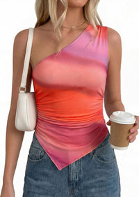 PRETTYGARDEN Women's Floral Mesh Tops Summer Asymmetrical One Shoulder Sleeveless Ruched Shirts Spring Going Out Clothes PRETTYGARDEN