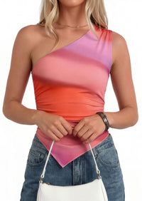 PRETTYGARDEN Women's Floral Mesh Tops Summer Asymmetrical One Shoulder Sleeveless Ruched Shirts Spring Going Out Clothes PRETTYGARDEN