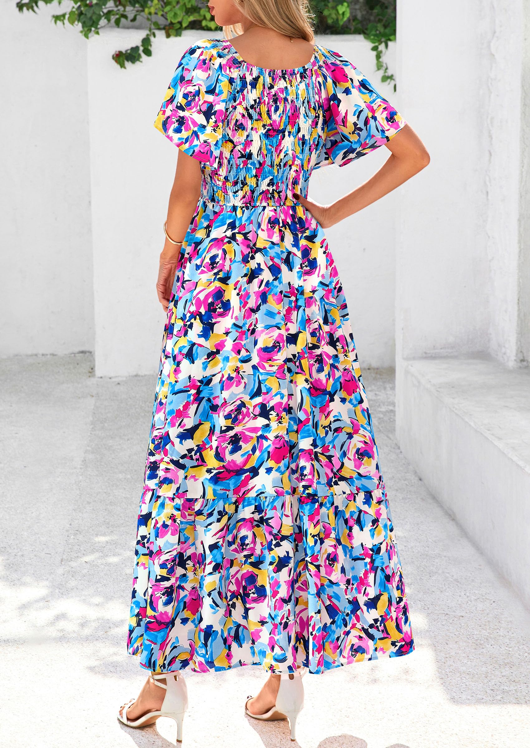 PRETTYGARDEN Women Floral Boho Maxi Dresses Short Sleeve V Neck Smocked A Line Long Flowy Beach Vacation Dress