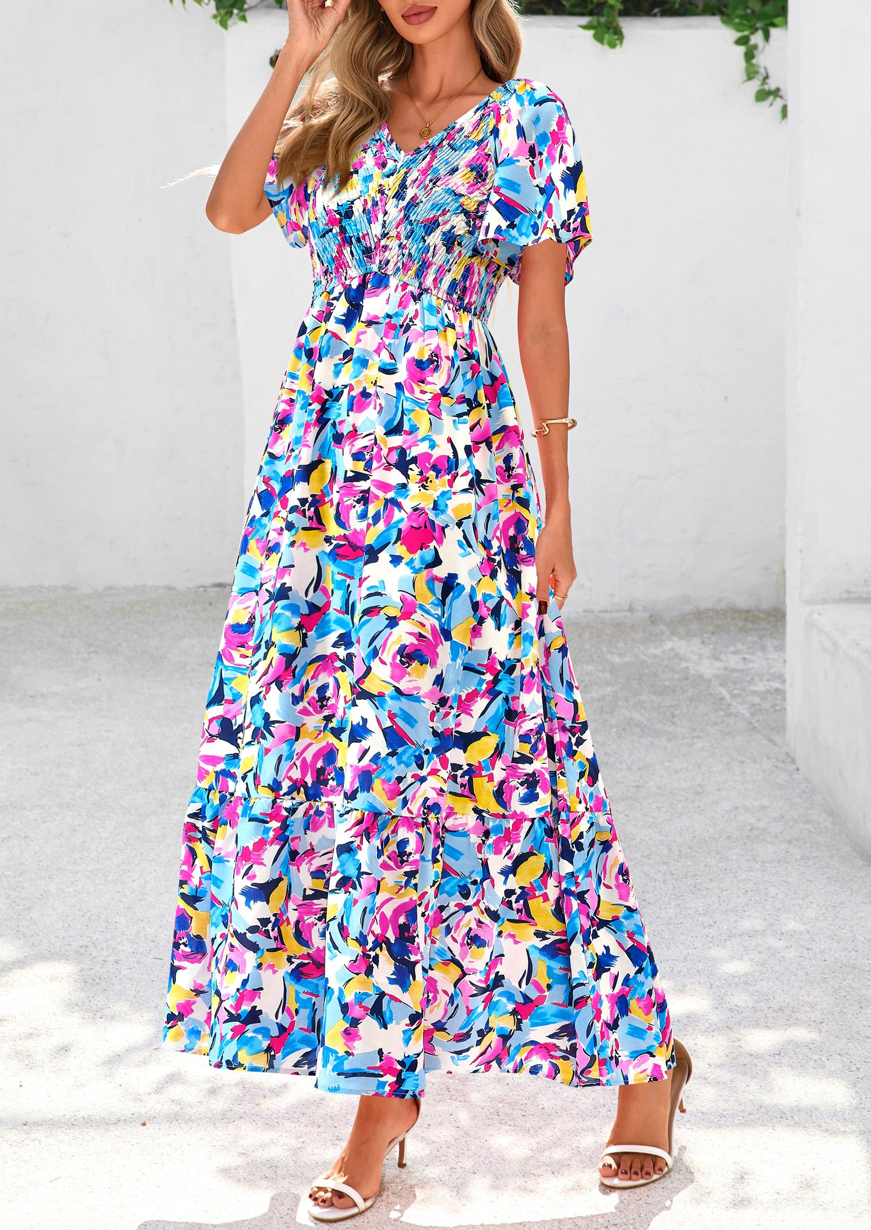 PRETTYGARDEN Women Floral Boho Maxi Dresses Short Sleeve V Neck Smocked A Line Long Flowy Beach Vacation Dress