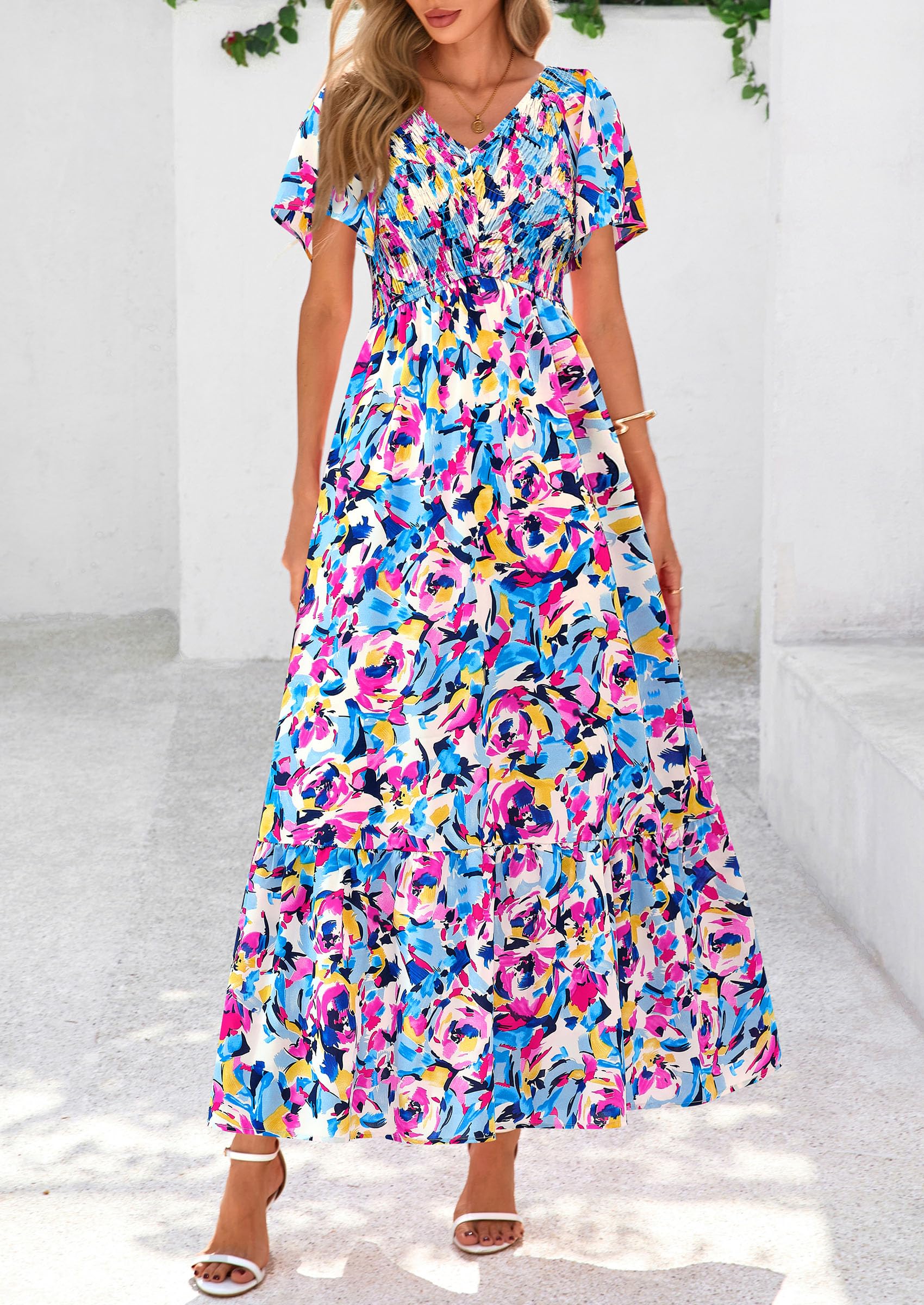 PRETTYGARDEN Women Floral Boho Maxi Dresses Short Sleeve V Neck Smocked A Line Long Flowy Beach Vacation Dress