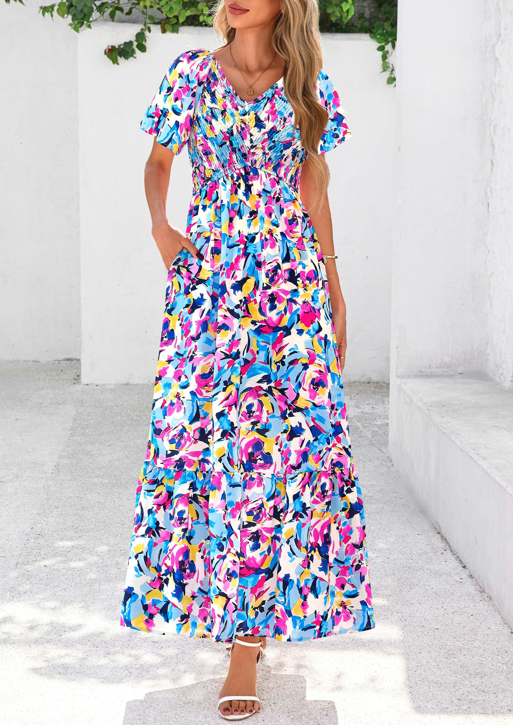 PRETTYGARDEN Women Floral Boho Maxi Dresses Short Sleeve V Neck Smocked A Line Long Flowy Beach Vacation Dress