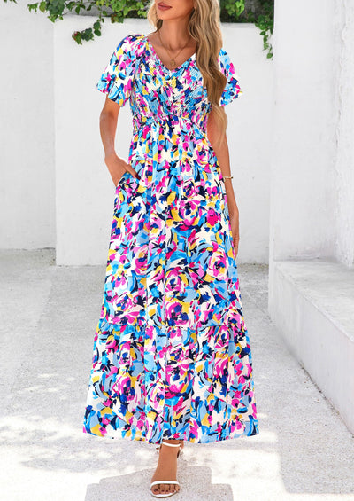 PRETTYGARDEN Women Floral Boho Maxi Dresses Short Sleeve V Neck Smocked A Line Long Flowy Beach Vacation Dress