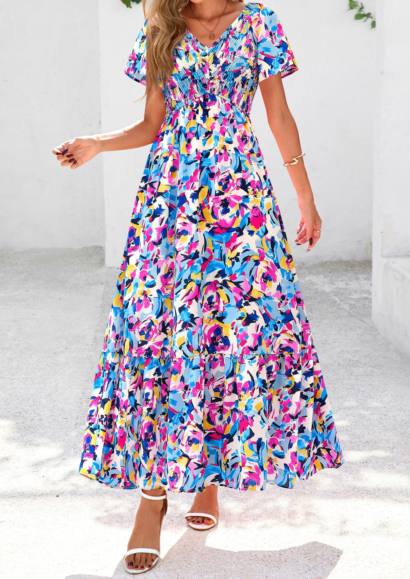 PRETTYGARDEN Women Floral Boho Maxi Dresses Short Sleeve V Neck Smocked A Line Long Flowy Beach Vacation Dress