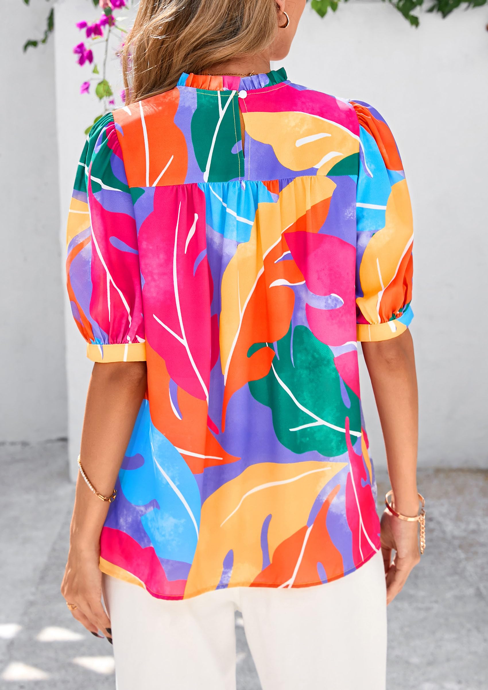 PRETTYGARDEN Floral Tops for Women Blouses Dressy Casual Summer Trendy Outfits Boho Pleated Short Sleeve Shirts