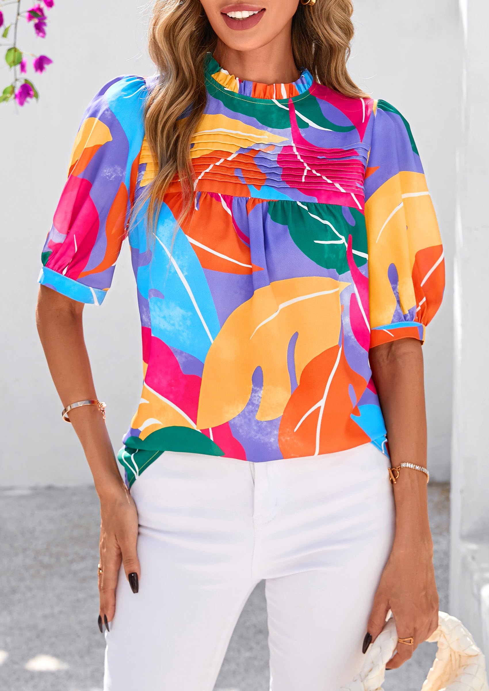 PRETTYGARDEN Floral Tops for Women Blouses Dressy Casual Summer Trendy Outfits Boho Pleated Short Sleeve Shirts