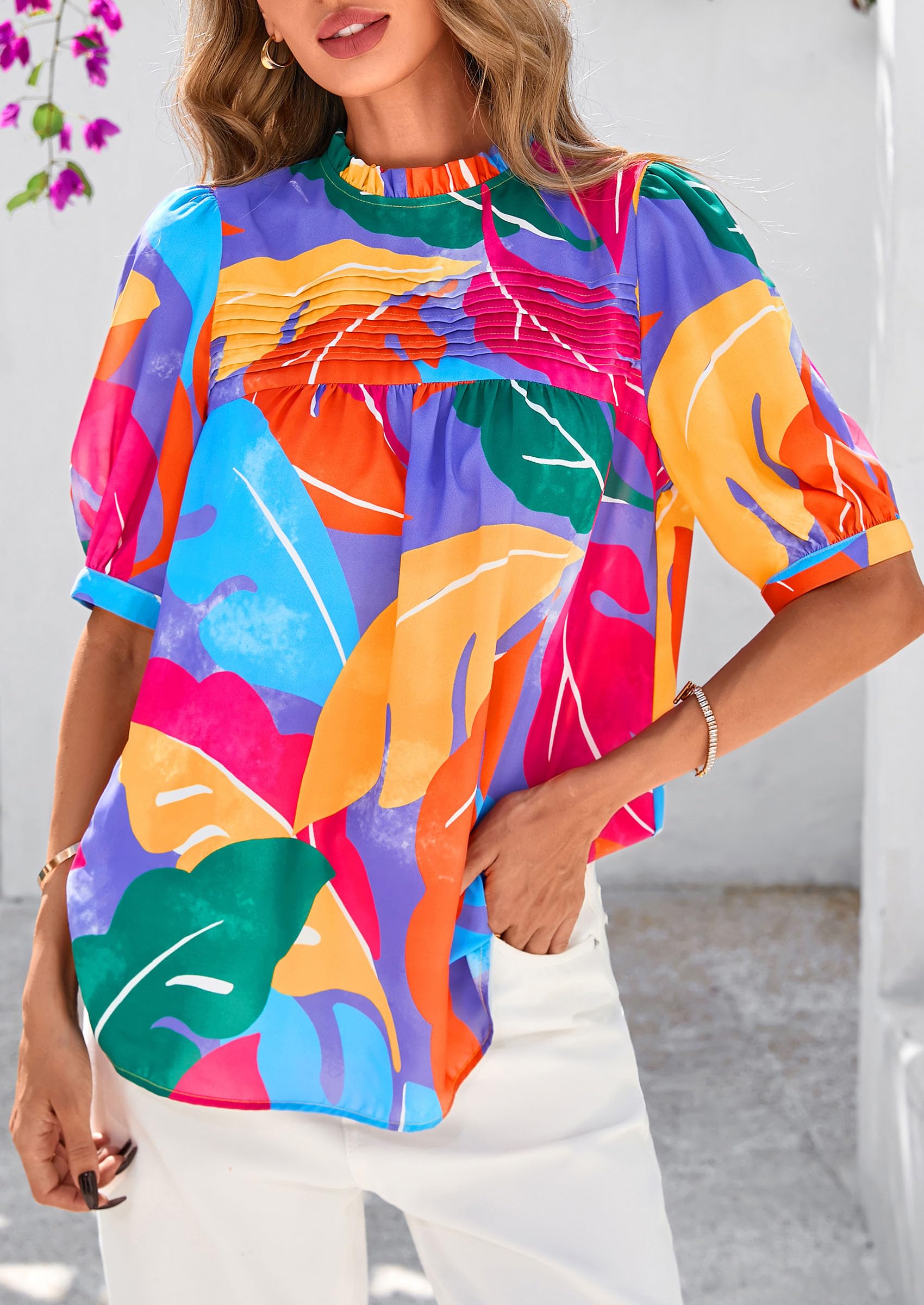 PRETTYGARDEN Floral Tops for Women Blouses Dressy Casual Summer Trendy Outfits Boho Pleated Short Sleeve Shirts