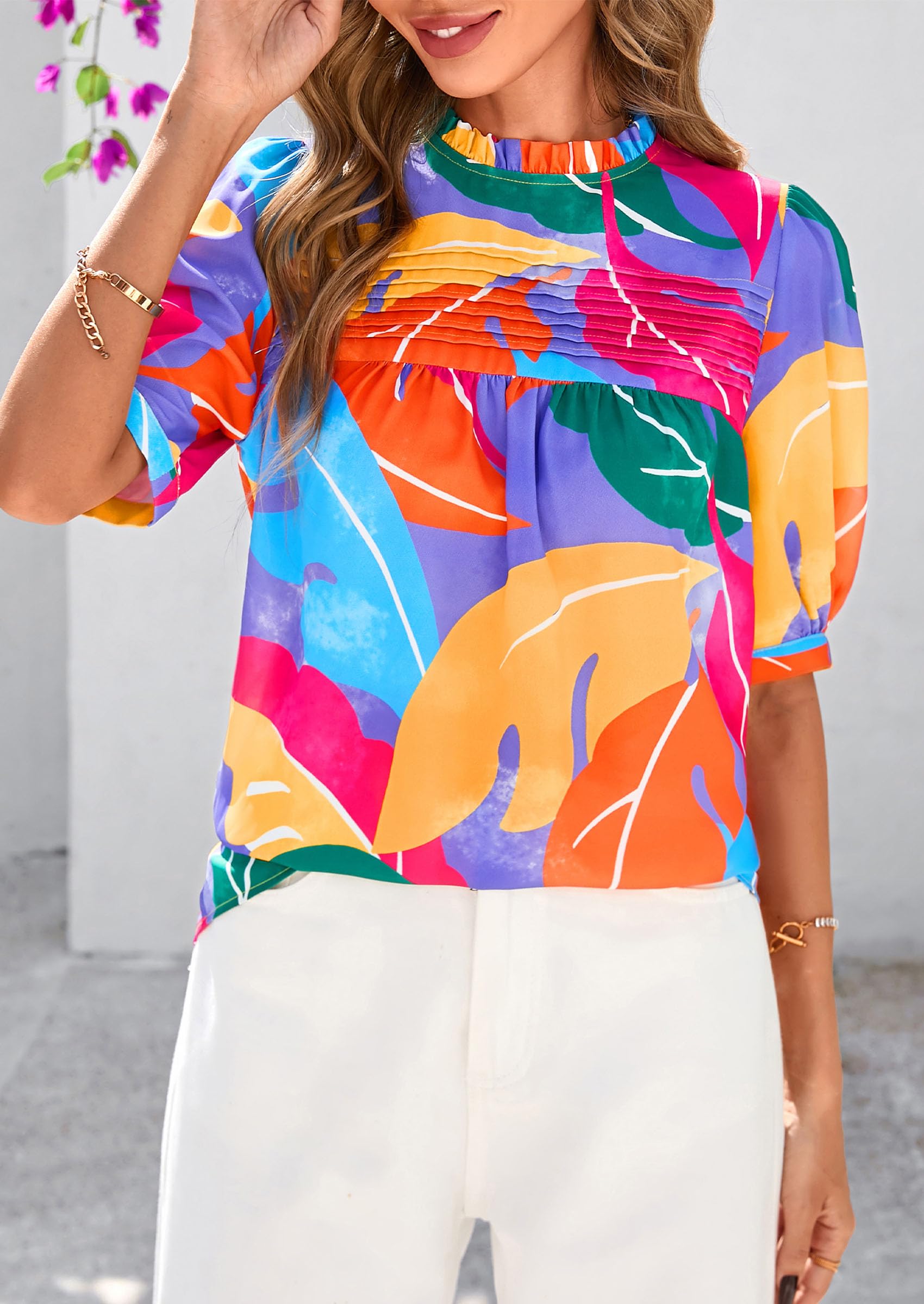 PRETTYGARDEN Floral Tops for Women Blouses Dressy Casual Summer Trendy Outfits Boho Pleated Short Sleeve Shirts